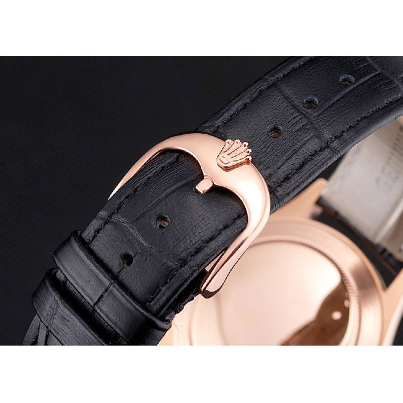 Rolex aaa copy Leather Rolex Dial Swiss Black Strap Gold Rose Case Datejust Black 0602
